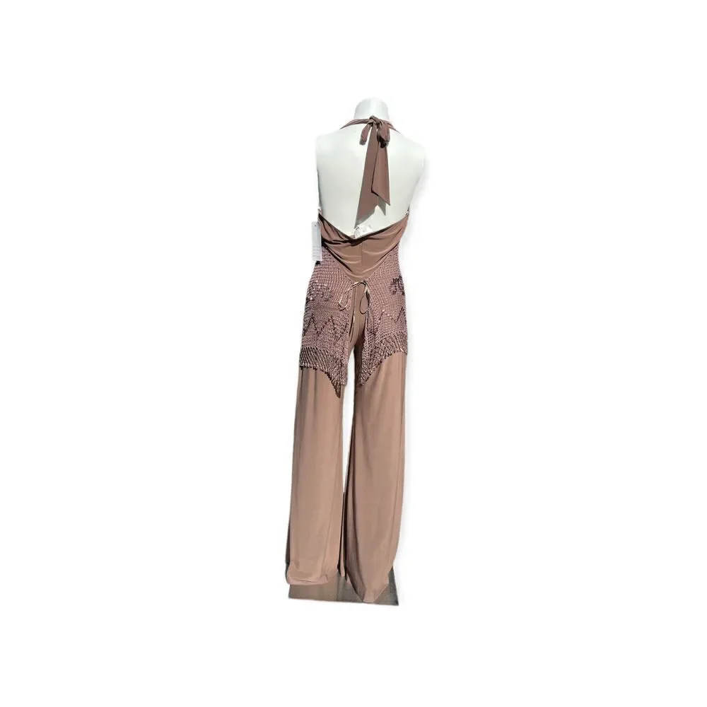 Janine Beaded Halter Jumpsuit Bronze Formal Evening Wide Leg Size L NWT